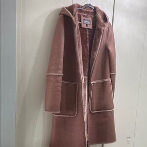 DKNY Dusty Rose Hooded Faux Shearling Trench Coat